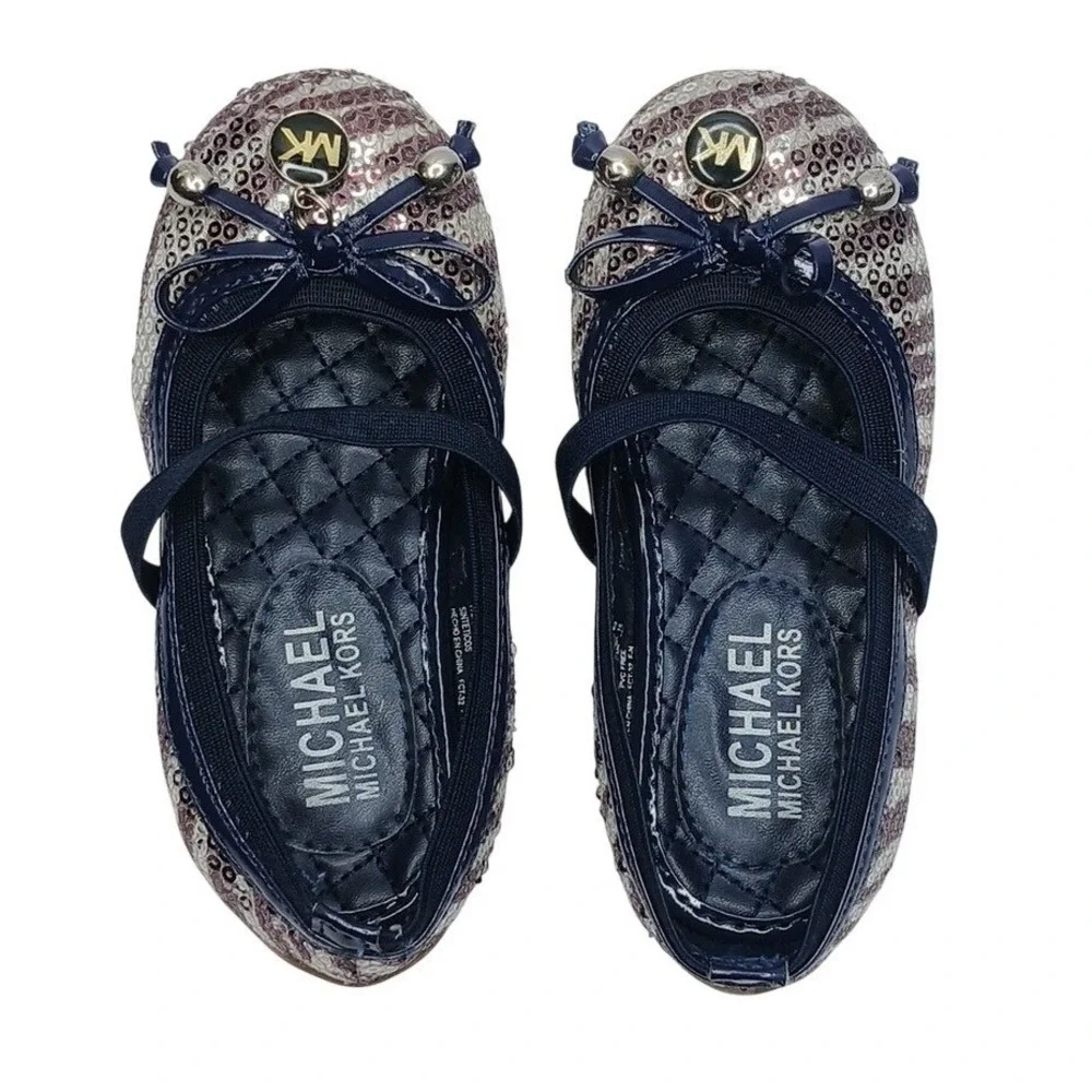 Michael Kors Lil Kory Ballet Flats Girls Size 8 Navy Blue Sequin‎ Mary Jane Bow